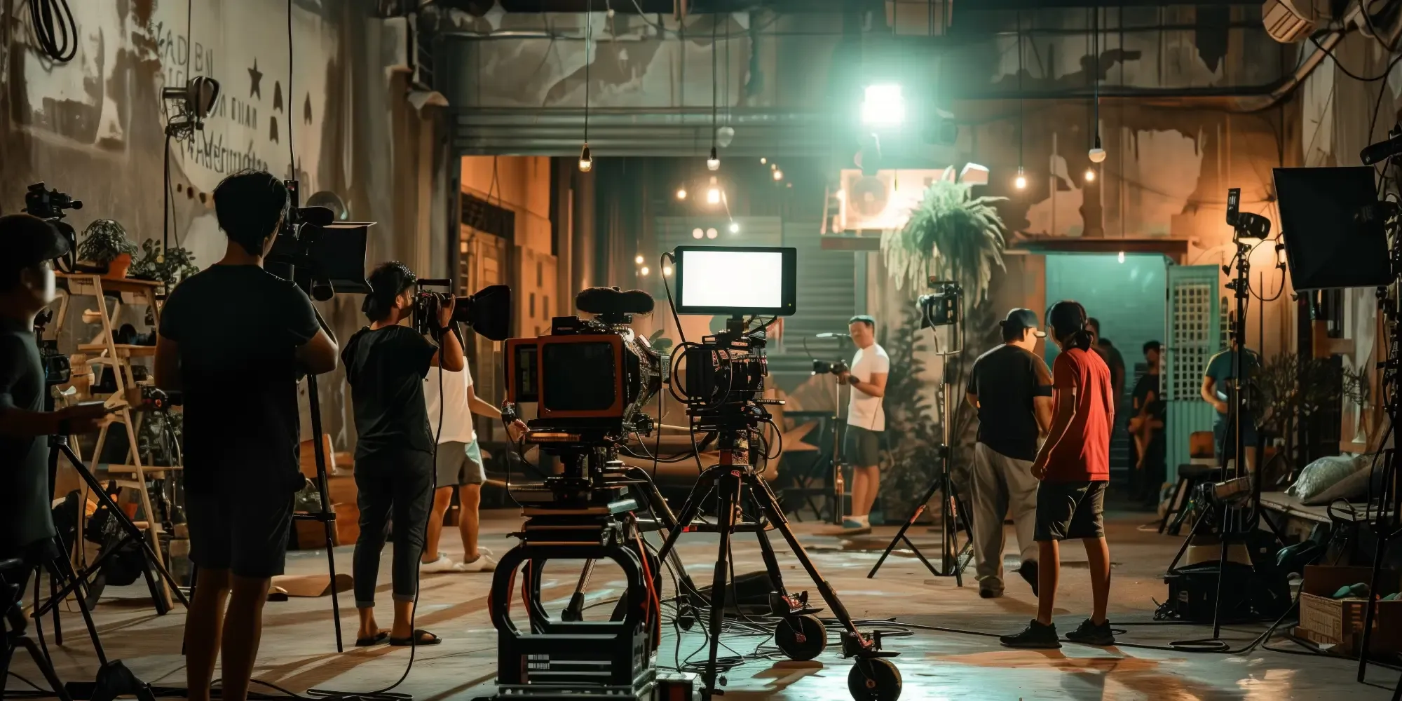 A film production set with cameras, lighting equipment, and crew members working behind the scenes