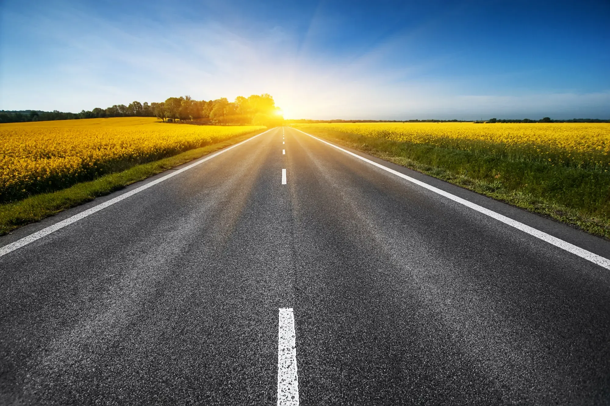 A winding road stretching towards the horizon, with the vibrant colors of a sunset filling the sky