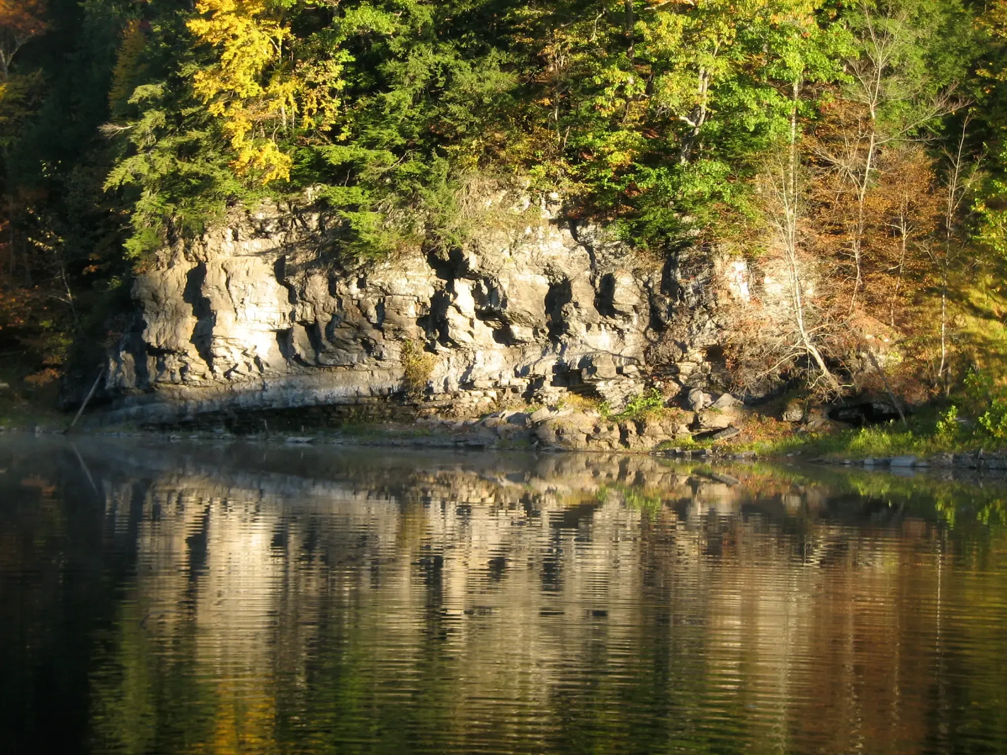 A serene lake surrounded by lush greenery and distant mountains